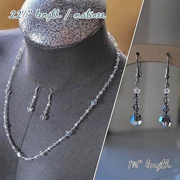 Vintage Jewelry - Vtg smoke grey iridescent faceted crystal beaded set